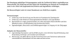 Stellenausschreibung für eine Honorarkraftstelle zur Förderung von zugewanderten Schüler*innen und Schülern mit einem Stundensatz von 20 Euro während der Ferien.
