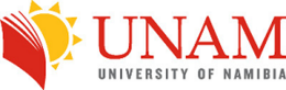 Das Logo der UNAM, "University of Namibia"; eine Sonne neben einem Buch.
