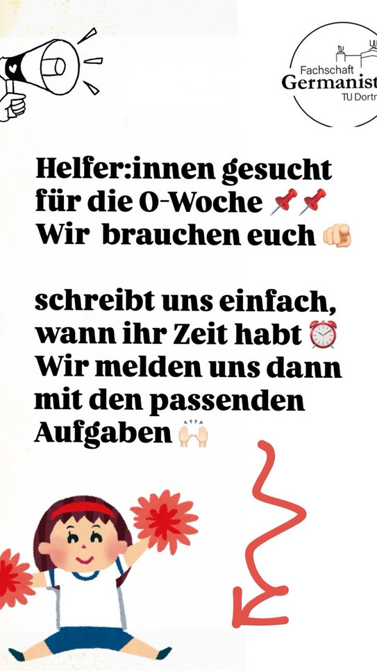 Helfer:innen gesucht für die O-Woche. Wir brauchen euch! Schreibt uns einfach, wann ihr Zeit habt. Wir melden uns dann mit den passenden Aufgaben.