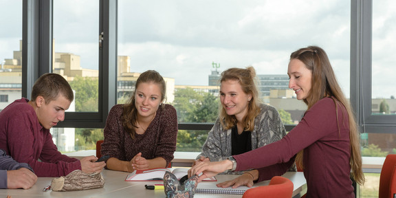 Studierende am Tisch Eine Gruppe Studierender sitzt mit Lernunterlagen am Tisch.