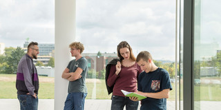 Studierende, Gespräch, Fenster Studierende im Gespräch vor einem großen Fenster.