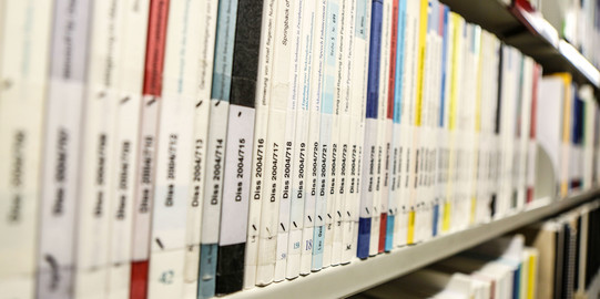 Dissertationen in der Bibliothek Bücher mit der Aufschrift Dissertation auf dem Buchrücken im Bücherregal der Bibliothek